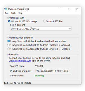 Windows Outlook-Android Sync Main Window